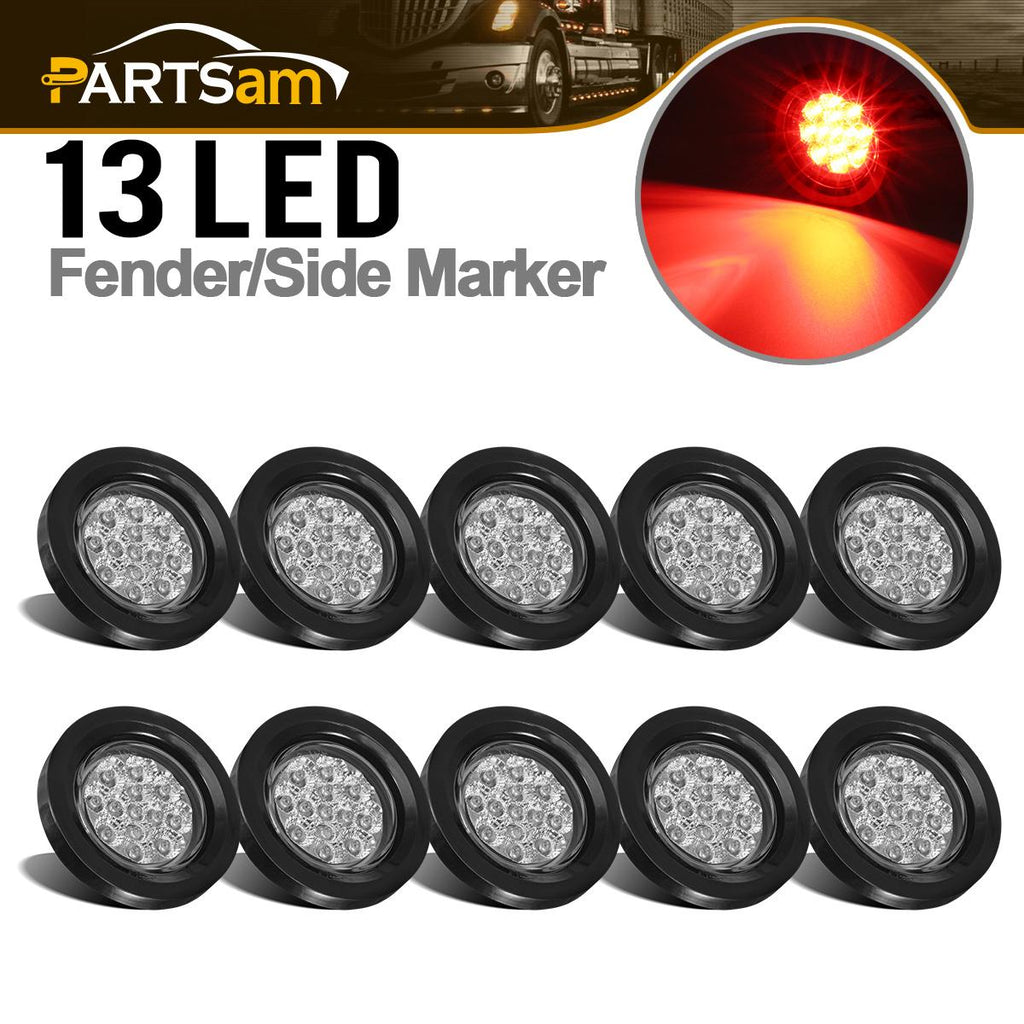 Partsam 10Pcs 2.5" Round Red Led Clearance and side Marker Lights Kit 13 Diodes Clear Lens w Reflectors Grommets / Pigtails Truck Trailer Rv Flush Mount Waterproof 12V Sealed, 2.5" Round Led Lights