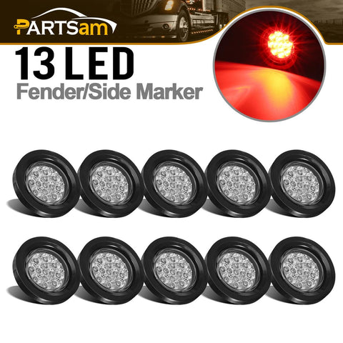 Image of Partsam 10Pcs 2.5" Round Red Led Clearance and side Marker Lights Kit 13 Diodes Clear Lens w Reflectors Grommets / Pigtails Truck Trailer Rv Flush Mount Waterproof 12V Sealed, 2.5" Round Led Lights