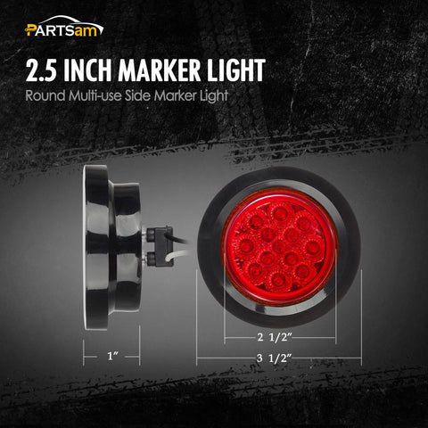 Image of Partsam 10Pcs 2.5" Round Red Led Clearance and side Marker Lights Kit 13 Diodes with Light Grommet and Wire Pigtail Truck Trailer Rv Flush Mount Waterproof 12V Sealed, 2.5 Round Led Marker Lights