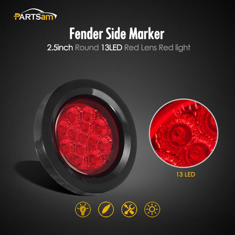 Image of Partsam 10Pcs 2.5" Round Red Led Clearance and side Marker Lights Kit 13 Diodes with Light Grommet and Wire Pigtail Truck Trailer Rv Flush Mount Waterproof 12V Sealed, 2.5 Round Led Marker Lights