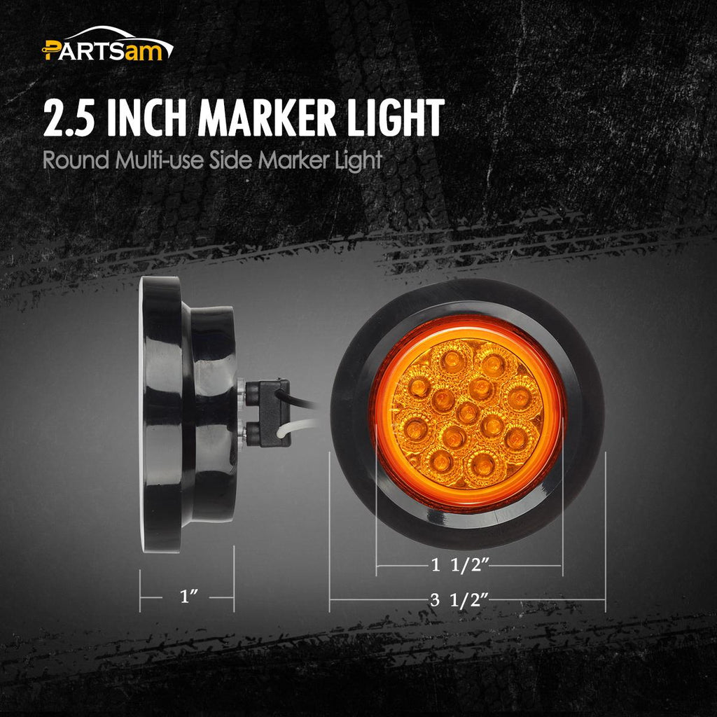 Partsam 10Pcs 2.5" Round Amber Led Clearance and side Marker Lights Kit 13 Diodes with Light Grommet and Wire Pigtail Truck Trailer Rv Flush Mount Waterproof 12V Sealed, 2.5 Round Led Marker Lights