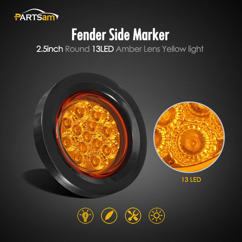 Image of Partsam 10Pcs 2.5" Round Amber Led Clearance and side Marker Lights Kit 13 Diodes with Light Grommet and Wire Pigtail Truck Trailer Rv Flush Mount Waterproof 12V Sealed, 2.5 Round Led Marker Lights