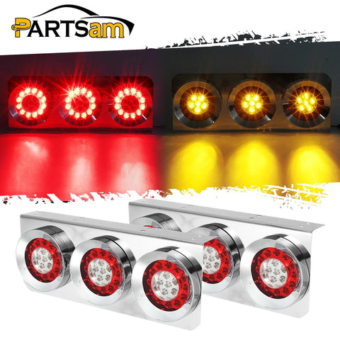 Image of Partsam 2Pcs 54 LED Truck Trailer Tail Lights Bar with Chrome Iron Bracket Base Waterproof 24V 4 Inch Round Led Trailer Tail Lights Bar Stop Turn Signal Running Parking Lights Lamps RV Camper