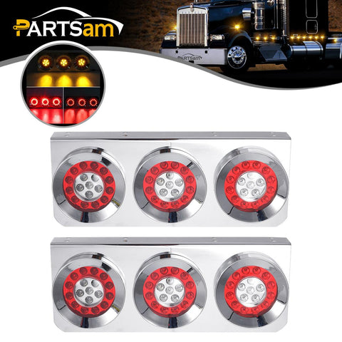 Image of Partsam 2Pcs 54 LED Truck Trailer Tail Lights Bar with Chrome Iron Bracket Base Waterproof 24V 4 Inch Round Led Trailer Tail Lights Bar Stop Turn Signal Running Parking Lights Lamps RV Camper