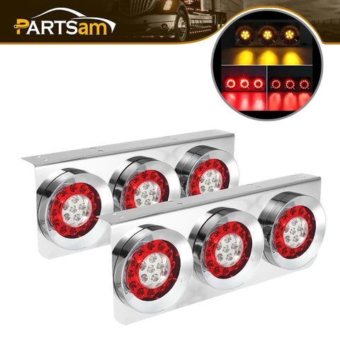 Image of Partsam 2Pcs 54 LED Truck Trailer Tail Lights Bar with Chrome Iron Bracket Base Waterproof 24V 4 Inch Round Led Trailer Tail Lights Bar Stop Turn Signal Running Parking Lights Lamps RV Camper