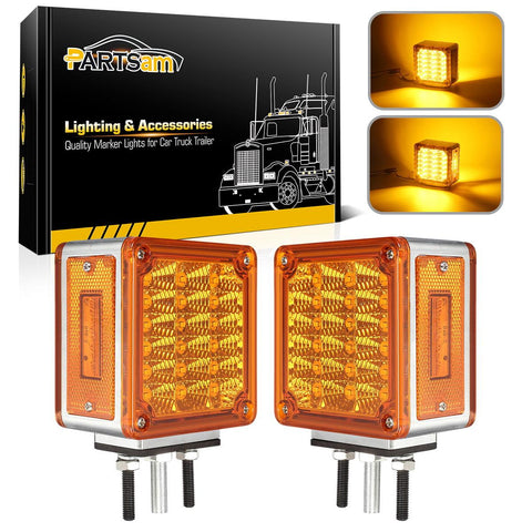 Image of Partsam LED Pedestal Lights Amber/Amber Double Face 39 LED Turn Signal Lights Stud Mount Fender Lights Side Marker Lights for Heavy Truck Trailer Freightliner Peterbilt Kenworth Mack Western Star
