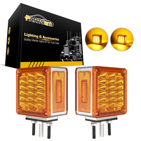 Image of Partsam LED Pedestal Lights Amber/Amber Double Face 39 LED Turn Signal Lights Stud Mount Fender Lights Side Marker Lights for Heavy Truck Trailer Freightliner Peterbilt Kenworth Mack Western Star