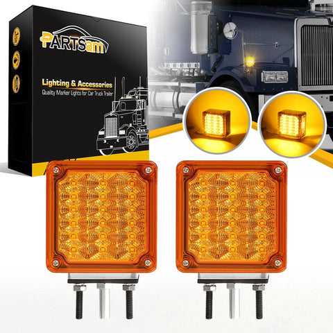 Image of Partsam LED Pedestal Lights Amber/Amber Double Face 39 LED Turn Signal Lights Stud Mount Fender Lights Side Marker Lights for Heavy Truck Trailer Freightliner Peterbilt Kenworth Mack Western Star