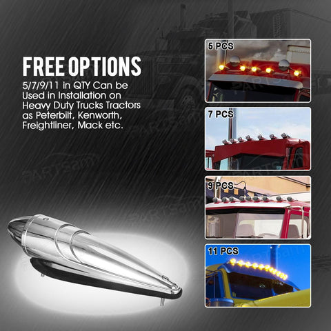 Image of Partsam 5PCS 21LED Smoke Torpedo Cab Marker Roof Running Top Lights Assembly Super Bright Chrome Heavy Duty Trucks Lights Replacement for International Kenworth/Peterbilt/Freightliner/Mack