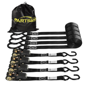 Partsam Ratchet Straps Heavy Duty Tie Down Set, 1823 Break Strength - (4) Heavy Duty 1inch x 15' Cargo Tiedowns with Padded Handles & Coated S Hooks for Moving, Securing Cargo in Carry Bag (Black)