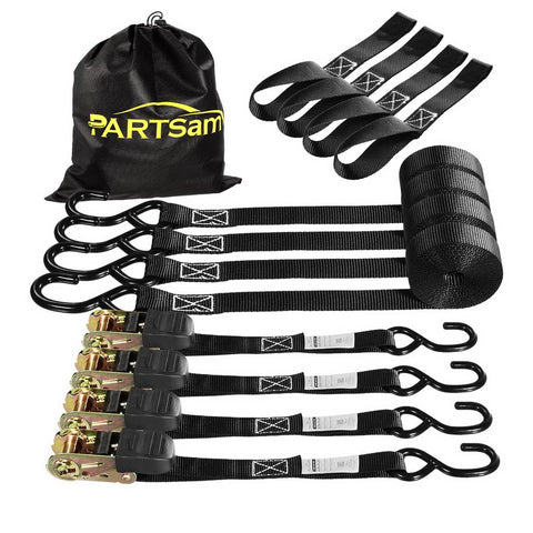 Image of Partsam Ratchet Straps Heavy Duty Tie Down Set, 2500 Break Strength - (4) Heavy Duty 1" x 15' Cargo Motorcycle Tiedowns Straps with Handles & Coated S Hooks + (4) Soft Loop Anchoring Straps (Black)