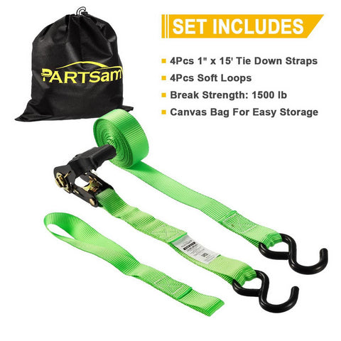 Image of Partsam Ratchet Straps Heavy Duty Tie Down Set, 1500 Break Strength - (4) Heavy Duty 1" x 15' Cargo Tiedowns with Handles & Stainless Steel S Hooks for Moving, Securing Cargo in Carry Bag (Green)