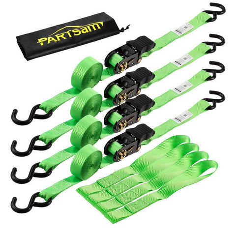 Image of Partsam Ratchet Straps Heavy Duty Tie Down Set, 1500 Break Strength - (4) Heavy Duty 1" x 15' Cargo Tiedowns with Handles & Stainless Steel S Hooks for Moving, Securing Cargo in Carry Bag (Green)