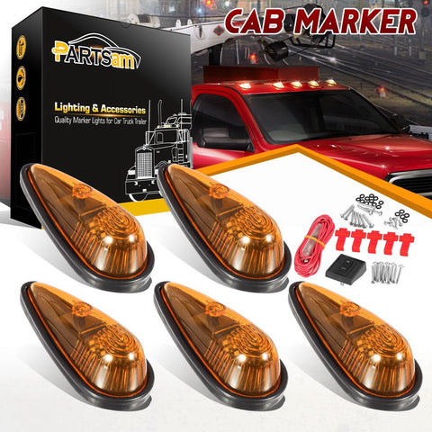 Image of Partsam Amber Teardrop Cab Light 9LED Cab Marker Light 5pcs Front Rear Top Clearance Roof Running Light with Wiring Pack for Trucks, Vans, Pickups, semis and RVs