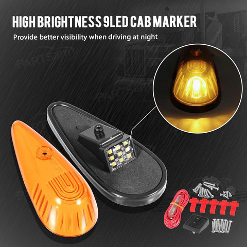 Image of Partsam Amber Teardrop Cab Light 9LED Cab Marker Light 5pcs Front Rear Top Clearance Roof Running Light with Wiring Pack for Trucks, Vans, Pickups, semis and RVs
