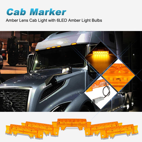 Image of Partsam 5PCS 6LED Cab Light Truck Trailer Cab Marker Top Amber Lens Roof Running Light Reflective Lights Assembly Compatible with 2004 VN/2003-2020 VNL Trucks Waterproof