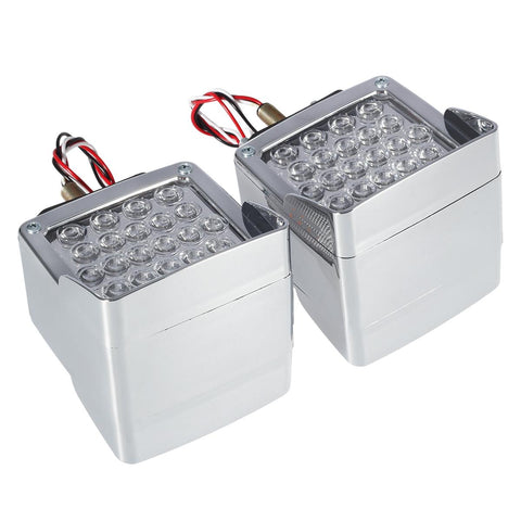 Image of Partsam Double Face Square LED Fender Pedestal Lights Amber/Red 52 LED 3 Studs Mount Truck Trailer Stop Tail Turn Signal Lights Chrome Visor Waterproof w/ Side Reflex Clearance Lights Clear Lens