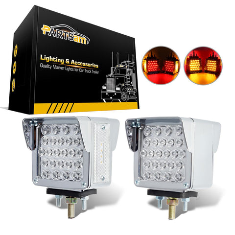 Image of Partsam Double Face Square LED Fender Pedestal Lights Amber/Red 52 LED 3 Studs Mount Truck Trailer Stop Tail Turn Signal Lights Chrome Visor Waterproof w/ Side Reflex Clearance Lights Clear Lens
