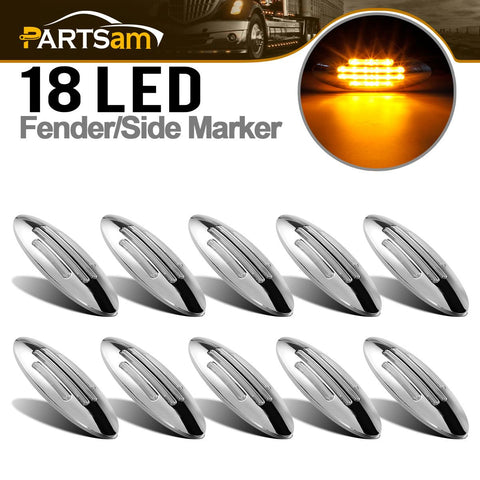 Image of Partsam 10Pcs 6-3/5 Inch Flat-line Oval Stealth Amber Led Side Marker Lights Clear Lens 18LED Sealed w Bullet Plug Flush Mount Waterproof Led Front Fender Marker Lights Panel