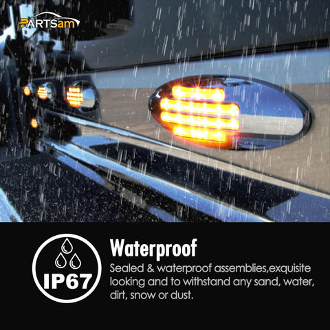 Image of Partsam 10Pcs 6-3/5 Inch Flat-line Oval Stealth Amber Led Side Marker Lights Clear Lens 18LED Sealed w Bullet Plug Flush Mount Waterproof Led Front Fender Marker Lights Panel