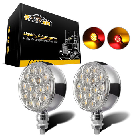Image of Partsam 2pc 3inch Red/Amber Double Face Chrome Round Pedestal Lights 30 LED Sealed Clear Lens Fender Mount Stop Turn Tail Lights Replacement for Peterbilt/Kenworth/Freightliner Trucks Trailers