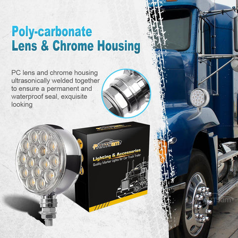 Image of Partsam 2pc 3inch Red/Amber Double Face Chrome Round Pedestal Lights 30 LED Sealed Clear Lens Fender Mount Stop Turn Tail Lights Replacement for Peterbilt/Kenworth/Freightliner Trucks Trailers