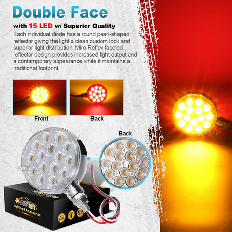 Image of Partsam 2pc 3inch Red/Amber Double Face Chrome Round Pedestal Lights 30 LED Sealed Clear Lens Fender Mount Stop Turn Tail Lights Replacement for Peterbilt/Kenworth/Freightliner Trucks Trailers