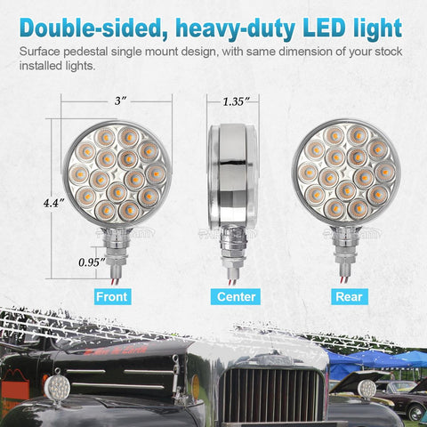 Image of Partsam 2pc 3inch Red/Amber Double Face Chrome Round Pedestal Lights 30 LED Sealed Clear Lens Fender Mount Stop Turn Tail Lights Replacement for Peterbilt/Kenworth/Freightliner Trucks Trailers