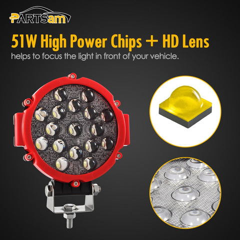 Image of Partsam 2 Pack 7" Round LED Offroad Pod Lights Bar 51W 5100LM with Mounting Bracket Red Spot Bumper Driving Lamp Headlight Fog Light for Offroader Truck ATV SUV Jeep Car Construction Camping Hunters