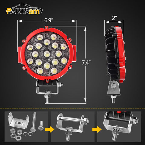 Image of Partsam 2 Pack 7" Round LED Offroad Pod Lights Bar 51W 5100LM with Mounting Bracket Red Spot Bumper Driving Lamp Headlight Fog Light for Offroader Truck ATV SUV Jeep Car Construction Camping Hunters