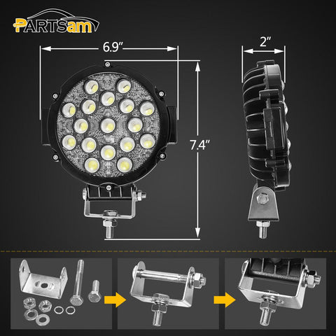 Image of Partsam 2 PACK 7" LED Offroad Pod Lights Bar 51W 5100LM with Mounting Bracket Black Round Spot Bumper Light Pod Driving Lamp Headlight Fog Light for Offroader Truck Car ATV SUV Jeep Camping Hunters