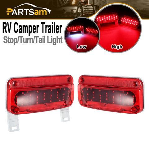 Image of Partsam Rectangular Red LED RV Camper Trailer Stop Turn Brake Tail Lights White License Plate Light 49 LED with License Bracket Holder and White Base 12V Sealed w Reflex Surface Mount (Left + Right)