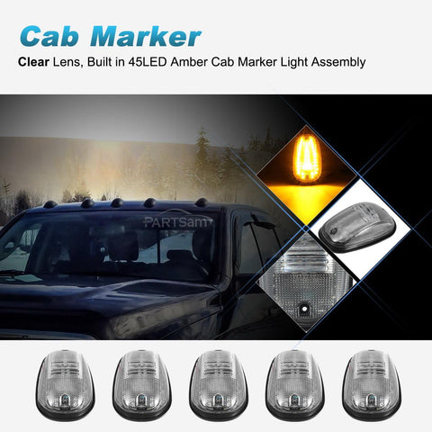 Image of Partsam 5PCS Cab Marker Clear/Amber 45LED Top Roof Light Compatible with Dodge Ram 1500 2500 3500 4500 5500 Pickup 2003 2004 2005 2006 2007 2008 2009 2010 2011 2012 2013 2014 2015 2016 2017 2018