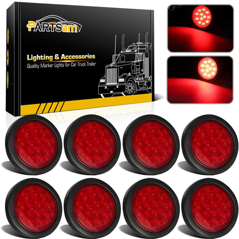 Image of Partsam 8Pcs 4inch Round Red LED Trailer Tail Light, 4 Inch Round Led Stop Turn Tail Lights Brake Brake Trailer Lights for RV Trucks, Rubber Grommets and 3-Prong Wire Pigtails Included
