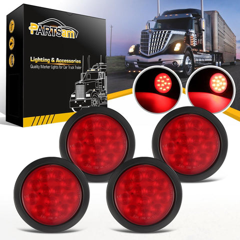 Image of Partsam 8Pcs 4inch Round Red LED Trailer Tail Light, 4 Inch Round Led Stop Turn Tail Lights Brake Brake Trailer Lights for RV Trucks, Rubber Grommets and 3-Prong Wire Pigtails Included
