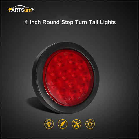Image of Partsam 8Pcs 4inch Round Red LED Trailer Tail Light, 4 Inch Round Led Stop Turn Tail Lights Brake Brake Trailer Lights for RV Trucks, Rubber Grommets and 3-Prong Wire Pigtails Included