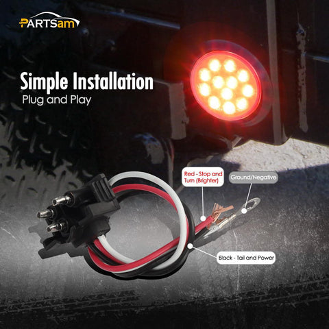 Image of Partsam 8Pcs 4inch Round Red LED Trailer Tail Light, 4 Inch Round Led Stop Turn Tail Lights Brake Brake Trailer Lights for RV Trucks, Rubber Grommets and 3-Prong Wire Pigtails Included