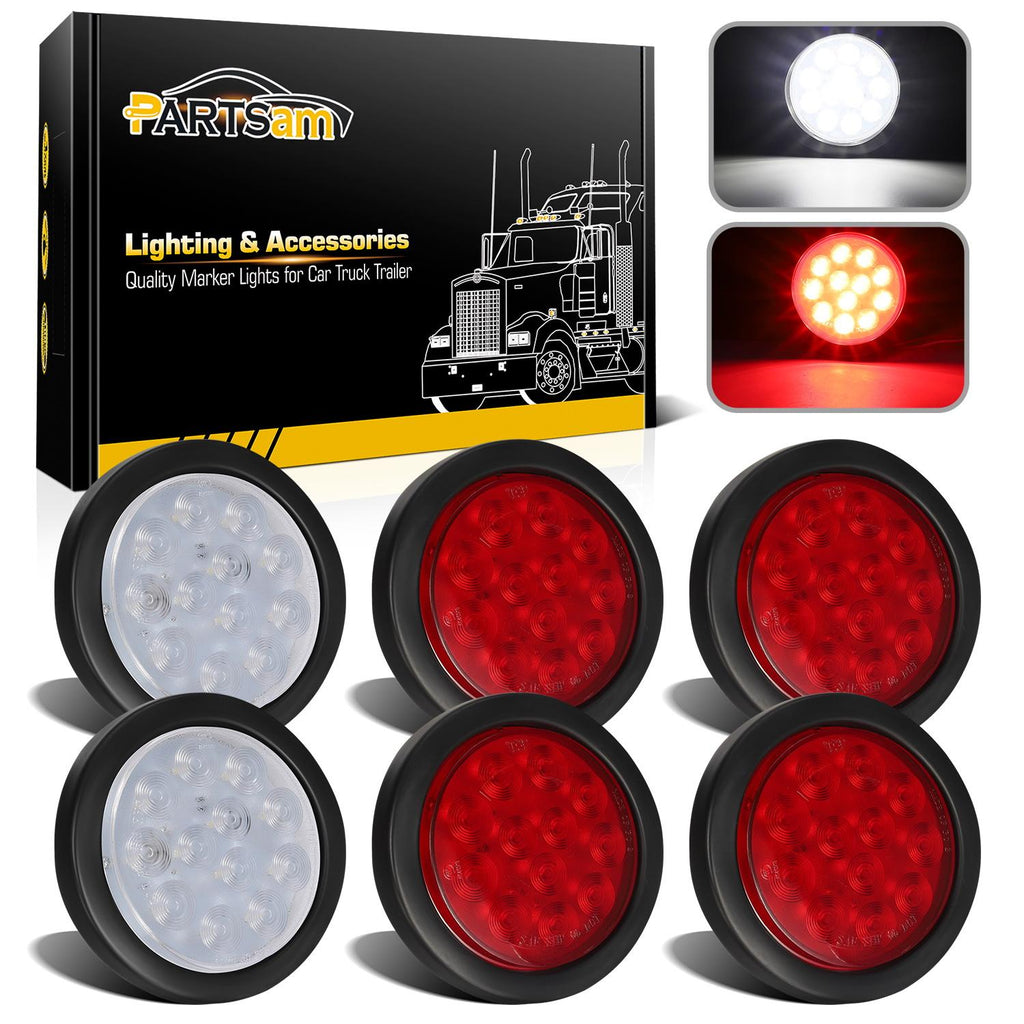 Partsam 6Pcs 4 Inch Round LED Trailer Tail Lights Kit - Round Led Stop Turn Tail Back-up Reverse Fog Lights 12 LED Include Lights Grommet 3-Prong Wire Pigtails for Truck Trailer RV( 4 Red + 2 White)