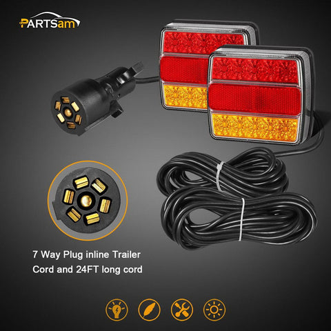 Image of Partsam Magnetic LED Trailer Towing Light Kit w/Reflex, Universal 2X 15 LED Trailer Rear Light, Board Tail Brake Stop Indicator License Plate Light Lamp, 24ft Cable with 7 Pin Plug, IP68 Waterproof