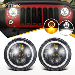 Partsam 7'' Round LED Headlights Osram Chips DOT Approved H6024 High Low Beam White Halo Ring Angel Eyes DRL+Amber Turning Signal Lights Compatible with Jeep Wrangler JK LJ TJ CJ/Hummer H2 H1 (Pair)