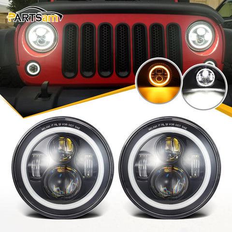 Image of Partsam 7'' Round LED Headlights Osram Chips DOT Approved H6024 High Low Beam White Halo Ring Angel Eyes DRL+Amber Turning Signal Lights Compatible with Jeep Wrangler JK LJ TJ CJ/Hummer H2 H1 (Pair)