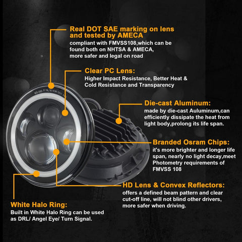 Image of Partsam 7'' Round LED Headlights Osram Chips DOT Approved H6024 High Low Beam White Halo Ring Angel Eyes DRL+Amber Turning Signal Lights Compatible with Jeep Wrangler JK LJ TJ CJ/Hummer H2 H1 (Pair)