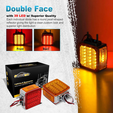 Image of Partsam 2x Truck Trailer Square Double Face Pedestal Stop Turn Tail Light Amber / Red 39 LED for Trucks