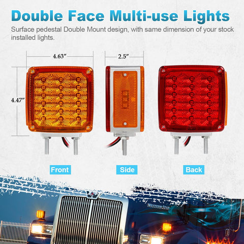 Image of Partsam 2x Truck Trailer Square Double Face Pedestal Stop Turn Tail Light Amber / Red 39 LED for Trucks