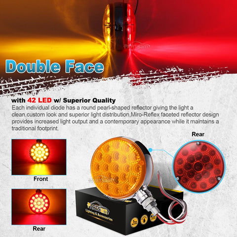 Image of Partsam Round Red/Amber Double Face Led Pedestal Lights with Reflectors 42 LED Waterproof Truck Trailer SUV RV Fender Mount Led Stop Turn Tail and Parking Light, Chrome Die Cast Housing 12V