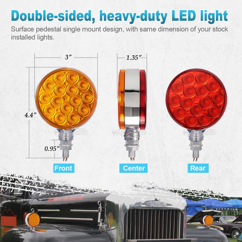 Image of Partsam 2pc 3inch Round Double Face Red/Amber 30 LED Pedestal Fender Lights Turn Signal Chrome Miro-reflex Sealed Replacement for Kenworth/Peterbilt/Freightliner/Western Star Trucks Semi Trailers