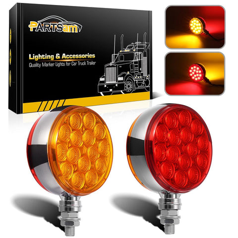 Image of Partsam 2pc 3inch Round Double Face Red/Amber 30 LED Pedestal Fender Lights Turn Signal Chrome Miro-reflex Sealed Replacement for Kenworth/Peterbilt/Freightliner/Western Star Trucks Semi Trailers