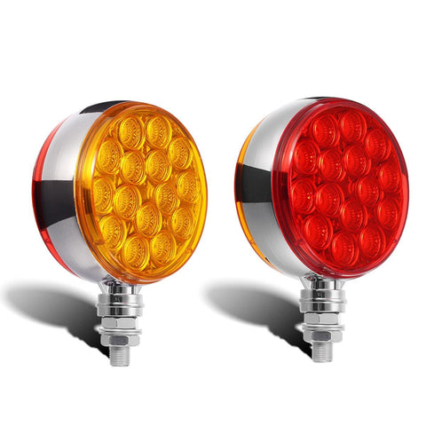Image of Partsam 2pc 3inch Round Double Face Red/Amber 30 LED Pedestal Fender Lights Turn Signal Chrome Miro-reflex Sealed Replacement for Kenworth/Peterbilt/Freightliner/Western Star Trucks Semi Trailers