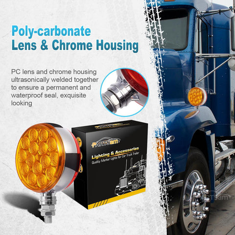 Image of Partsam 2pc 3inch Round Double Face Red/Amber 30 LED Pedestal Fender Lights Turn Signal Chrome Miro-reflex Sealed Replacement for Kenworth/Peterbilt/Freightliner/Western Star Trucks Semi Trailers