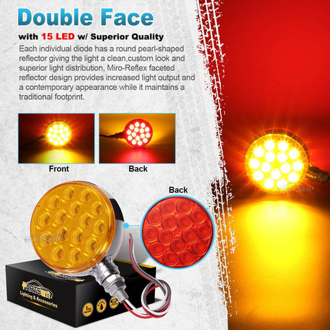 Image of Partsam 2pc 3inch Round Double Face Red/Amber 30 LED Pedestal Fender Lights Turn Signal Chrome Miro-reflex Sealed Replacement for Kenworth/Peterbilt/Freightliner/Western Star Trucks Semi Trailers